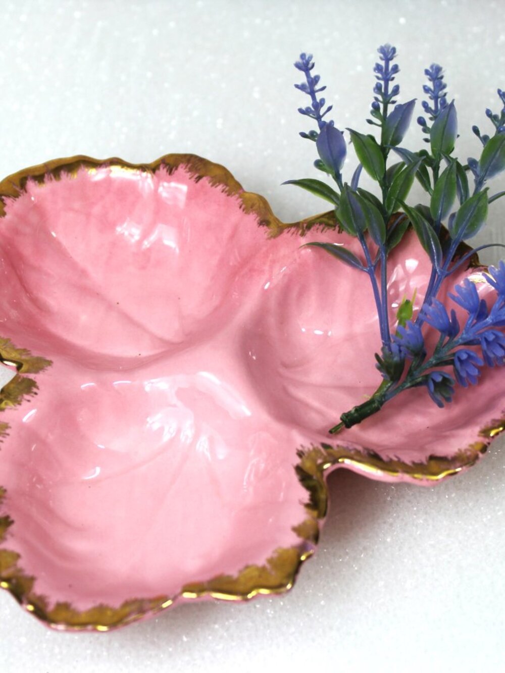 Vintage 1957 Divided Trinket Dish - Pink Ceramic with Gold Trim - Ring Dish